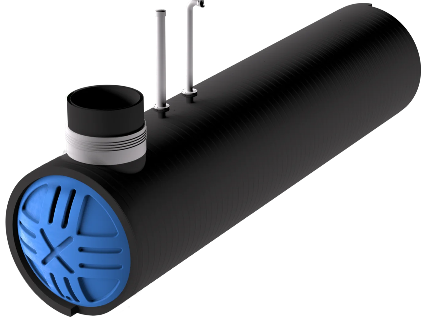 Liegender RIKUTEC-Löschwassertank aus HDPE mit Domschacht, zwei Lüftungsrohren und blauem Endboden.