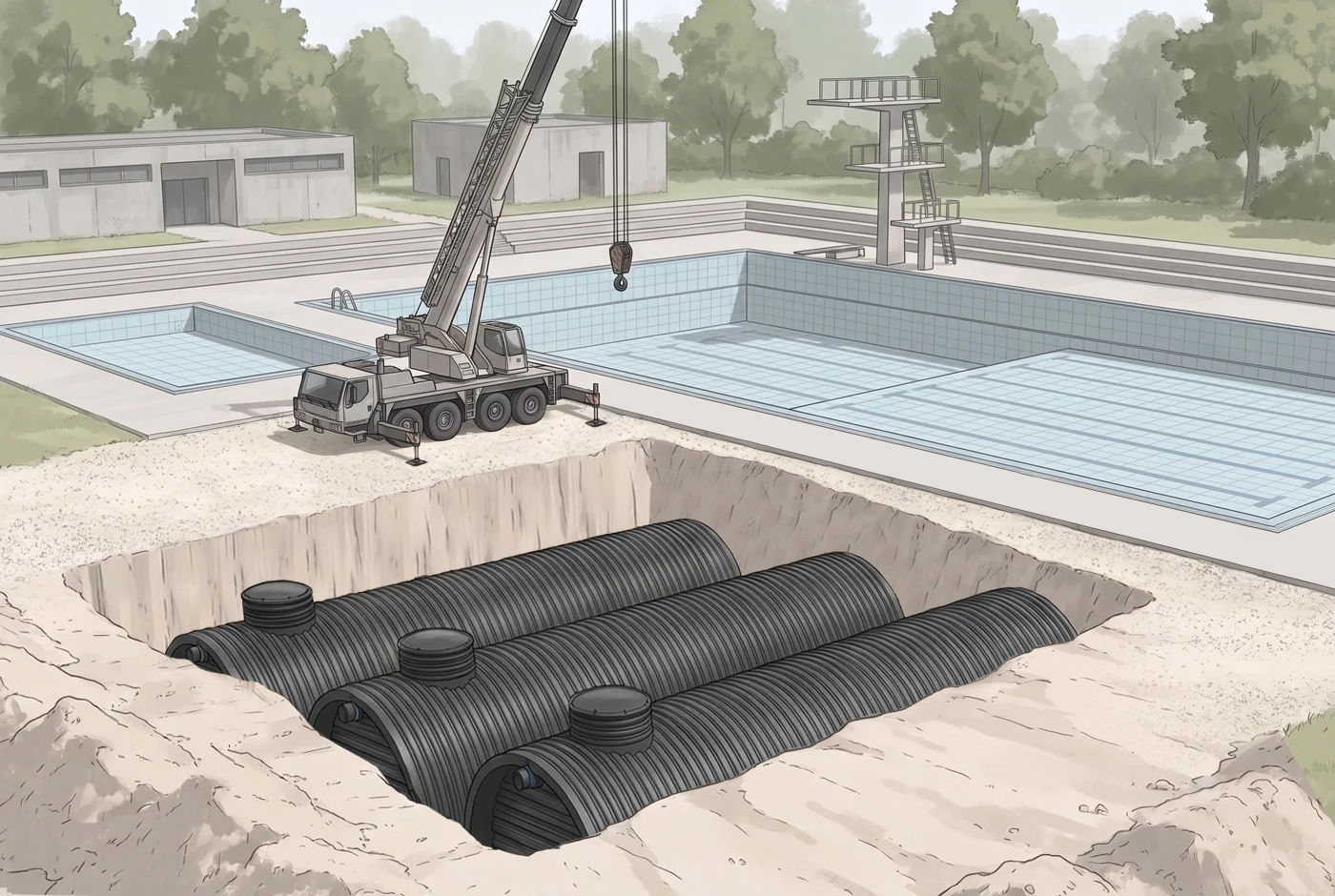 Illustration: drei HDPE-Schwallwasserbehälter auf dem Gelände eines Freibads, im Hintergrund Becken, Kran und Sprungturm.