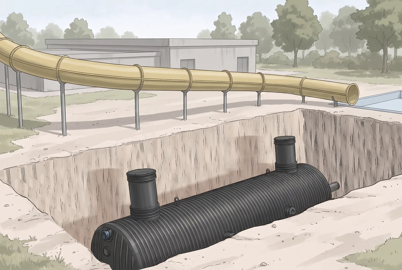 Illustration: ein HDPE-Schwallwasserbehälter mit zwei Domschächten im Rohrgraben, darüber die Wasserrutsche.