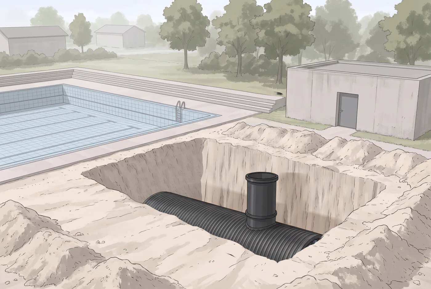 Illustration: ein HDPE-Schwallwasserbehälter mit Teleskopdomschacht in der Baugrube zwischen Schwimmbecken und Technikgebäude.
