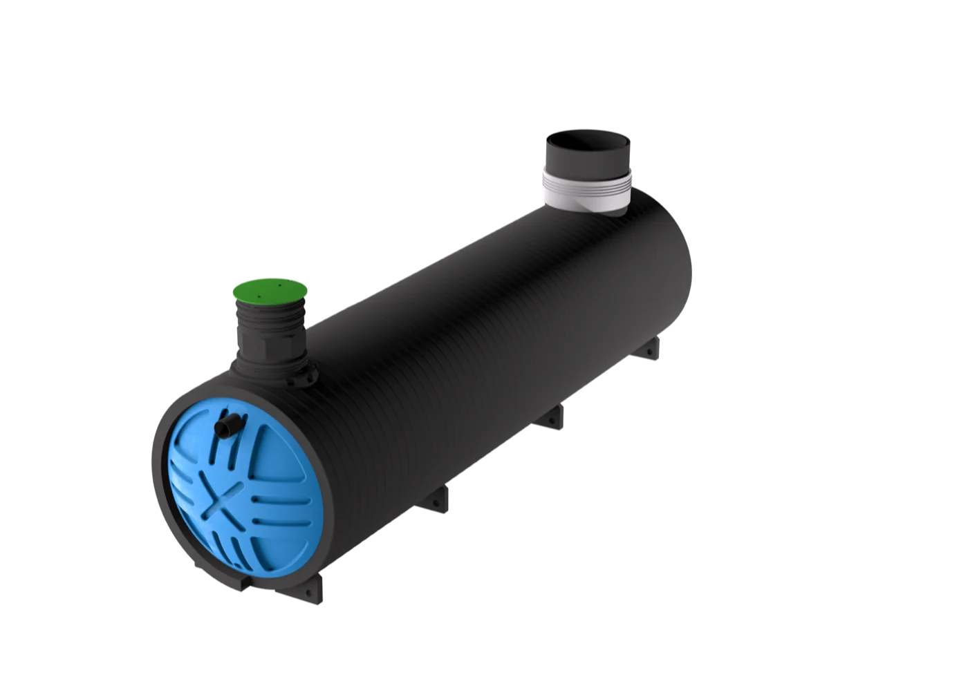 Freigestellte Ansicht eines RIKUTEC-Löschwassertanks der Series 220 mit Domschacht und Anschlussstutzen.